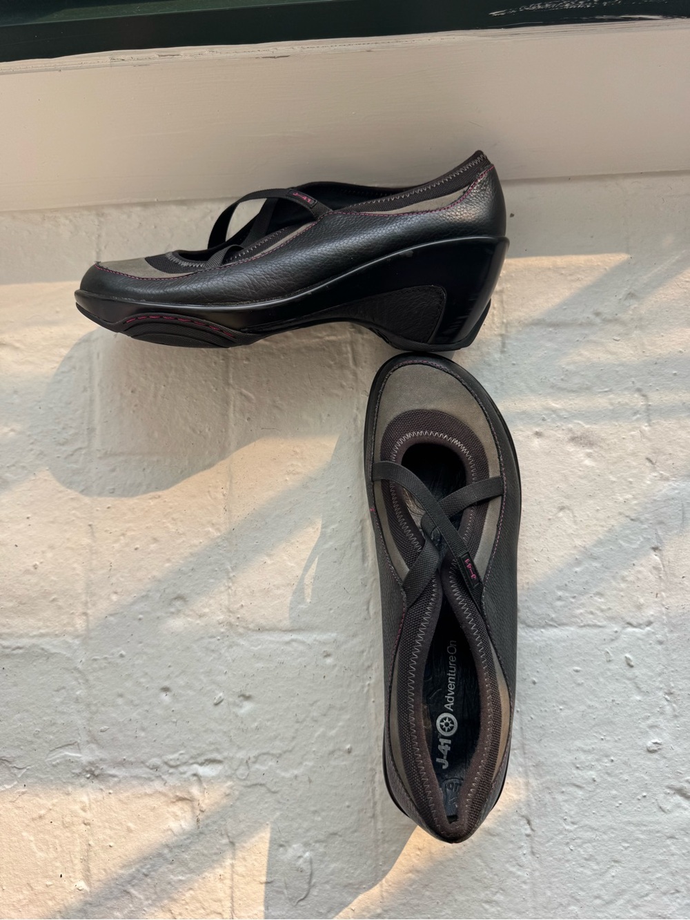 Women’s Black Wedge Mary Jane Shoes with Subtle Pink Stitching